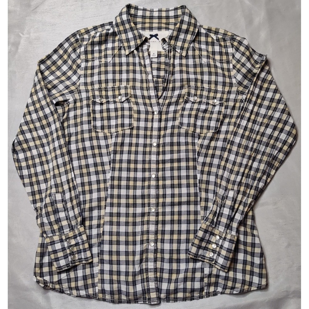 VTG BANANA REPBULIC Women Medium Khaki Plaid Pearl Snap Western Shirt